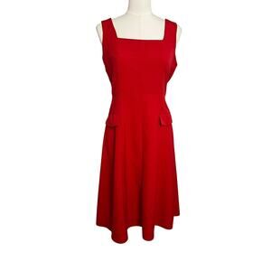 Sharagano Fit & Flare Dress Womens 6 Red Square Neck Pockets Stretch Knee Length